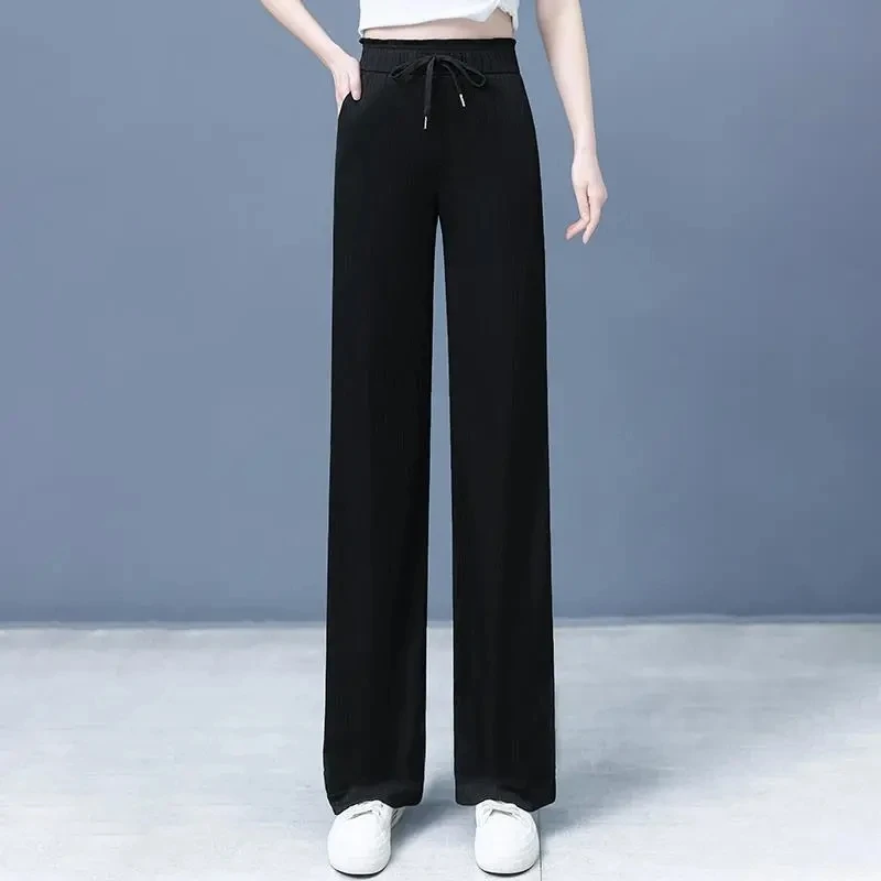 2024 Female Summer New High Waisted Loose Fitting Light Gray Mopping The Floor Pants Women Leisure Ice Shreds Wide Leg Trousers