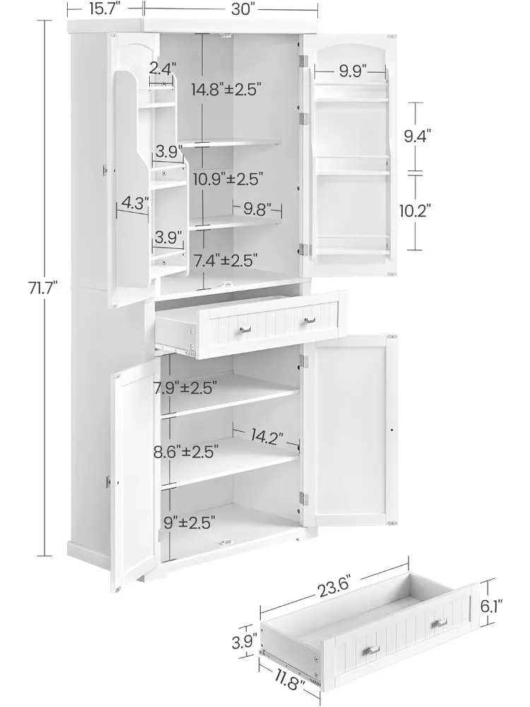 Pantry Cabinet, with a Drawer, 2 Cabinets, 4 Adjustable Shelves, 6 Door Shelves, for Living Room, Kitchen