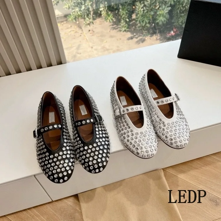 

LEDP Brand Women Ballet Flats High Quality 2024 Summer Trend New Female Rhinestone Rivet Dress Shoes Muller French Fashion