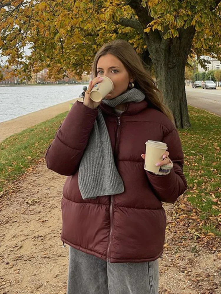 Donne di Inverno Addensare Moda Borgogna Cappotti Caldi Causale Manica Lunga Cerniera di Cotone Femminile Giubbotti Corti 2024 Nuovo Capispalla Quotidiano