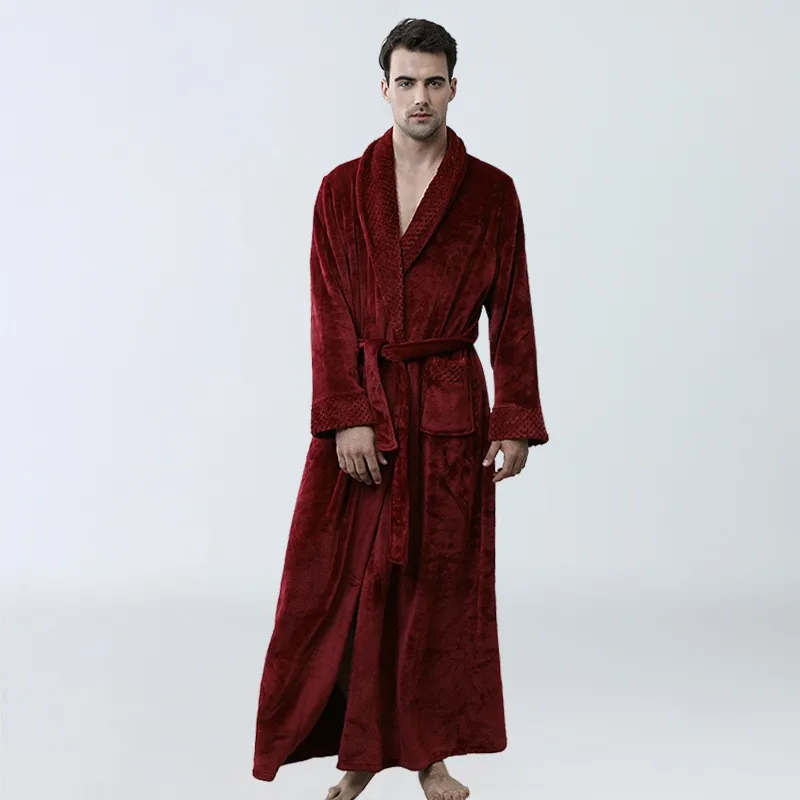 Popular Men\'s Sleeping Robe Autumn and Winter Coral Fleece Bathrobe Solid Color Soft Men\'s Bathrobe Coral Long Home Clothes