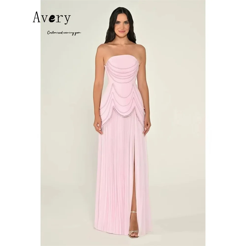 Avery Custom Rosa Perlen Seitenschlitz Schulterfrei Damen Abendkleid für Hochzeiten Damenkleider für Hochzeit Party Elegant