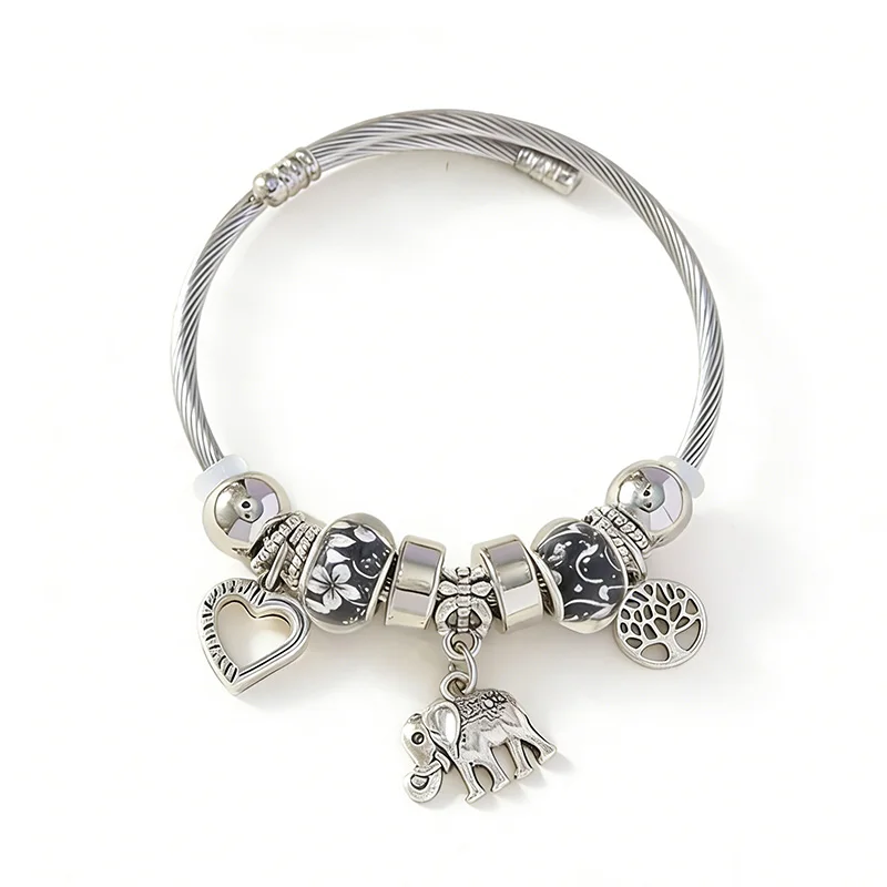 Cute Heart Tree Of Life Elephant Charm Bracelet Black Flower Glass Bead Twisted Cable Bangle For Girls Women