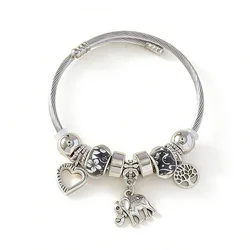 Cute Heart Tree Of Life Elephant Charm Bracelet Black Flower Glass Bead Twisted Cable Bangle For Girls Women