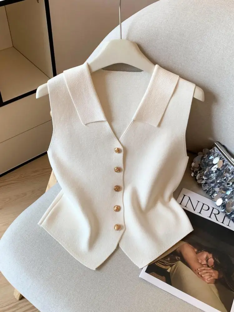 

Летний однотонный однобортный универсальный пуловер с v-образным вырезом, короткая майка, женский элегантный вязаный жилет без рукавов, топы, повседневная одежда