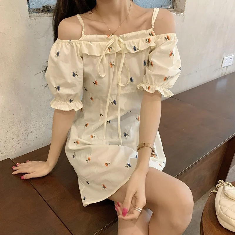 Women's Summer Geometric Slash Neck Printed Camis Bandage Patchwork Petal Short Sleeve Pullover Casual Elegant Party Dress