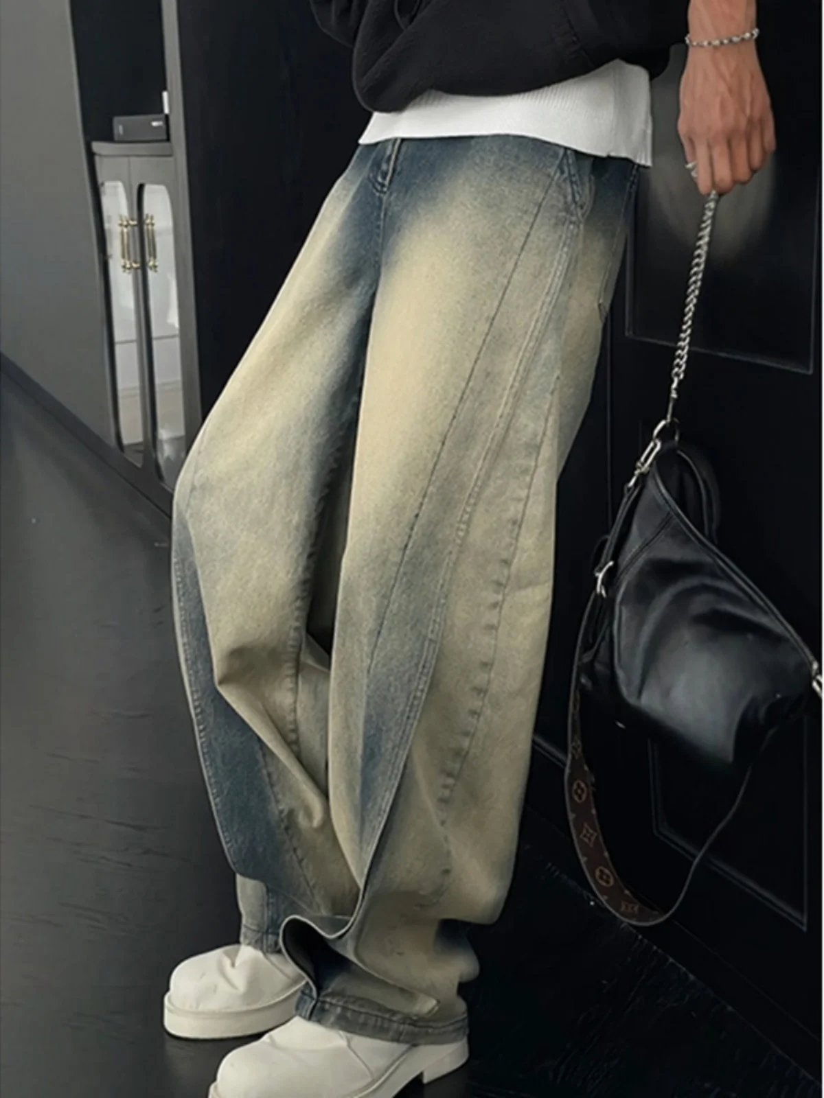 

American Waed Workwear Patchwork Jeans Men's Autumn Winter Deconstructed Design Loose Wide Leg Pants Straight Cut Jeans