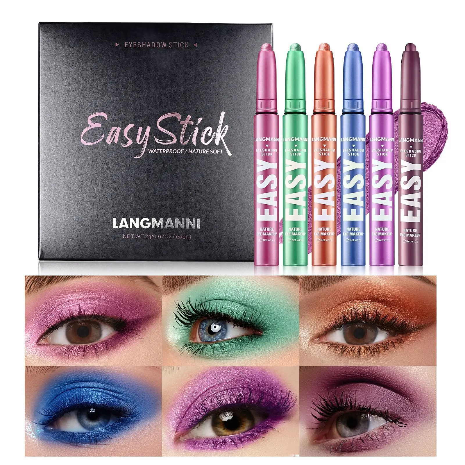 Neues 6-Farben-Lidschatten-Set aus Metall, glitzernd, wasserdicht, langlebig, 12 Stunden, modisches Lidschatten-Stick-Set, Party-Bühnenkosmetik, 2 g