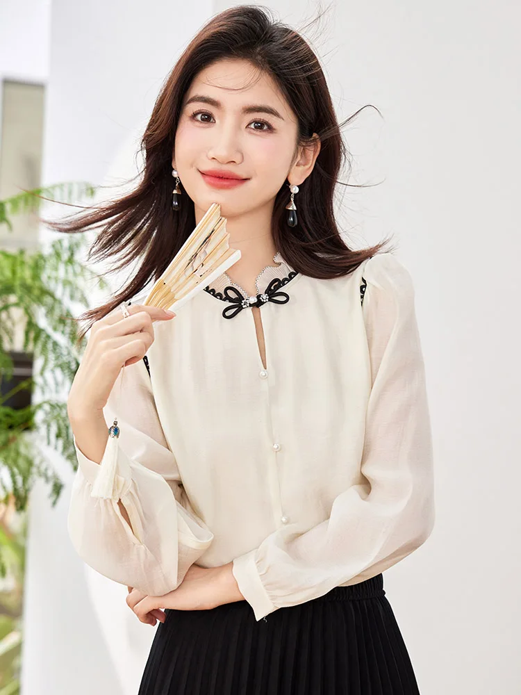 New Chinese Style Women Shirt 2024 Autumn Elegant Long Sleeve Shirt Fashion Commuting Office Lady Tops