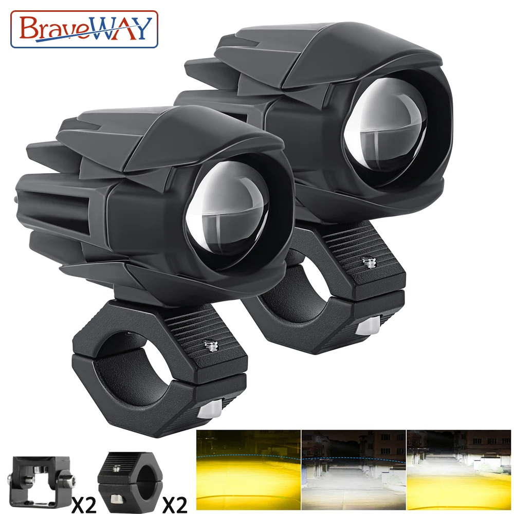 BraveWAY LED Motorcycle Headlight/Fog Lights for ATV UTV Offroad White+Yellow 3000K+6000K 2 Lamps + 2 Sets Brackets