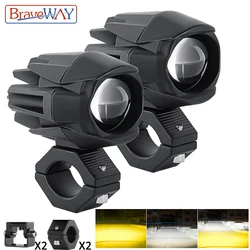 BraveWAY LED Motorcycle Headlight/Fog Lights for ATV UTV Offroad White+Yellow 3000K+6000K 2 Lamps + 2 Sets Brackets