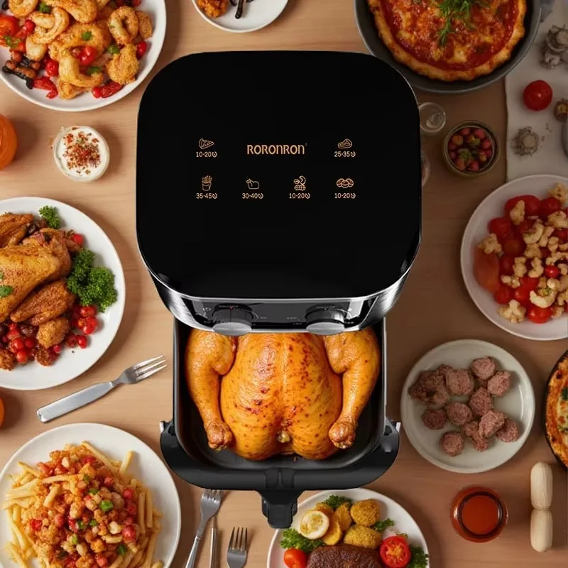 Friggitrice ad aria in acciaio inossidabile di dimensioni familiari da 7 litri, controllo a doppia manopola con preimpostazioni per patatine fritte, pollo, pesce, forma quadrata