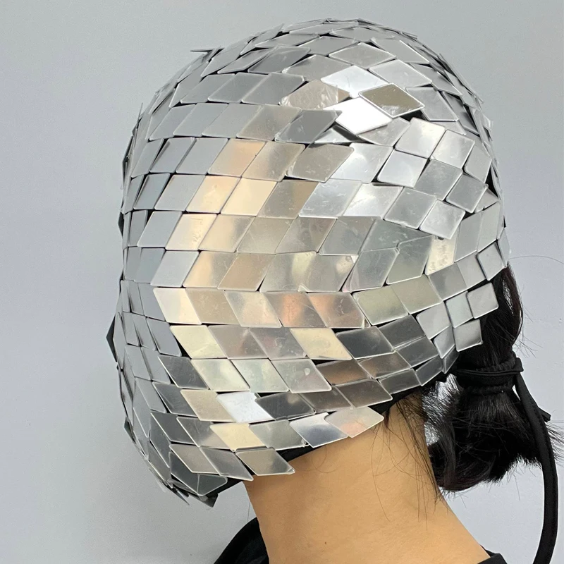 Pełna Srebrna Maska z Lusterek Seksowny Strój do Tańca Gogo Kostium na Halloween Klub Nocny Bar Dj Ds Akcesoria do Występów Scenicznych Nakrycie Głowy XS10342