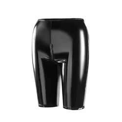 Sexy Black PVC Leather Open Crotch Shorts Women Exotic Bodycon Slim Faux Leather Skinny Shorts Wetlook Nightclub Wear