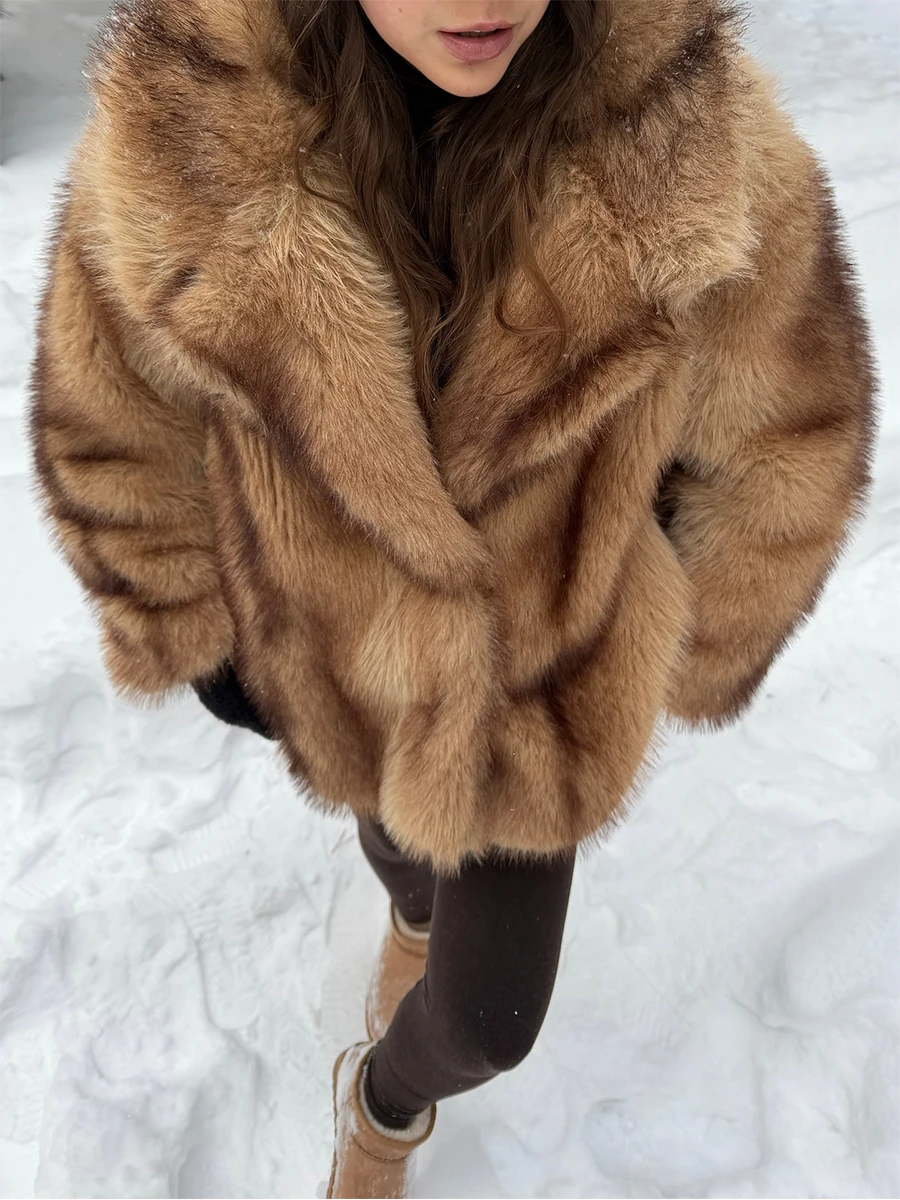 Brown Stripes Gradient Premium Faux Fox Fur Coat Women’s Fashion Iconic Plush Outwear High Street Vintage Cozy Everyday Outfit