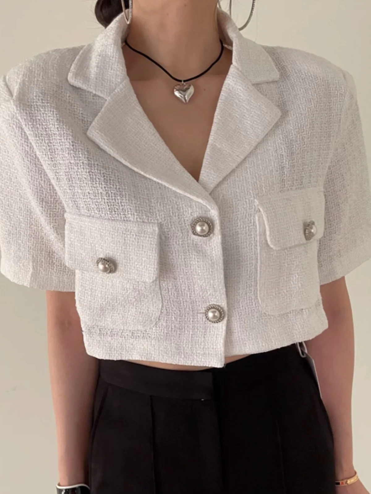 

Ele Pearl Button Double ket Coarse Tweed ort Jaet Женский осенний костюм с воротником ort Sve Top Commute Sle Pure C...