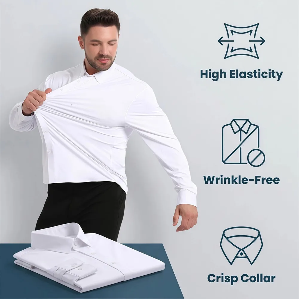 Große US/EU 5XL Herren Langarm-Hemden Formell Social Bügelfrei Nahtlos Knitterfrei Business Hochelastisch Weiße Kleidung