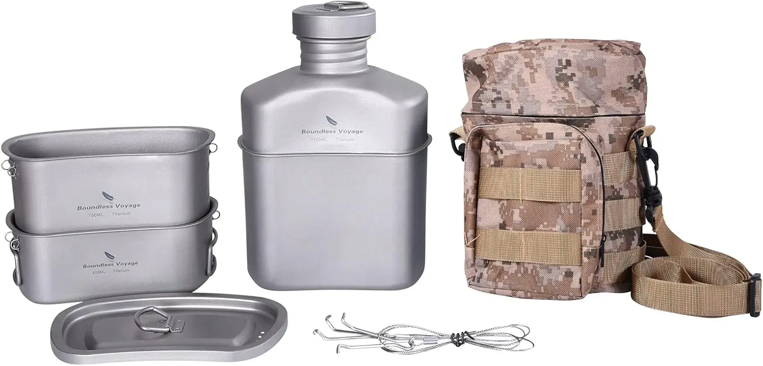 Titanium Canteen Mess Kit and Camouflage Bag Included: Large Capacity Kidney-Shaped Camping Pot and Pan Set with Lid and Hanging