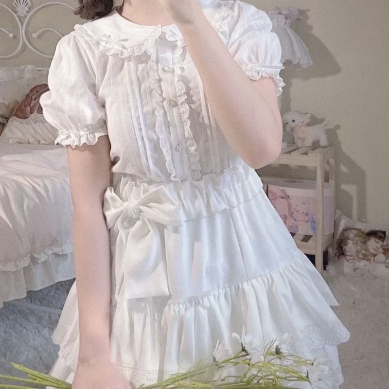 

Summer Harajuku Cute Bow A-line Skirts Y2k High Waist Ruched Cake Skirt for Women 2025 New All-match White Faldas Mujer