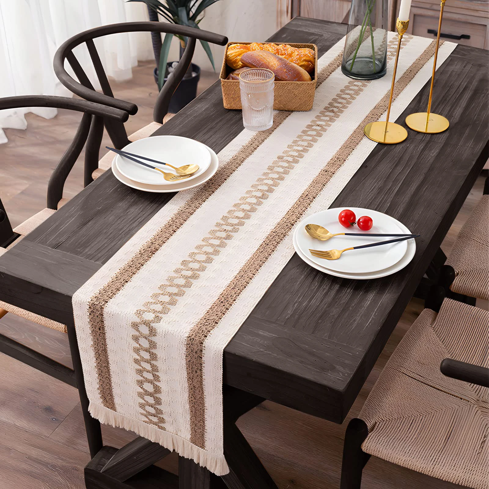 30x180cm Table Runner Natural Cotton Burlap Striped Splicing Bohemian Style Tables Runner With Tassels Dining Wedding Home Decor