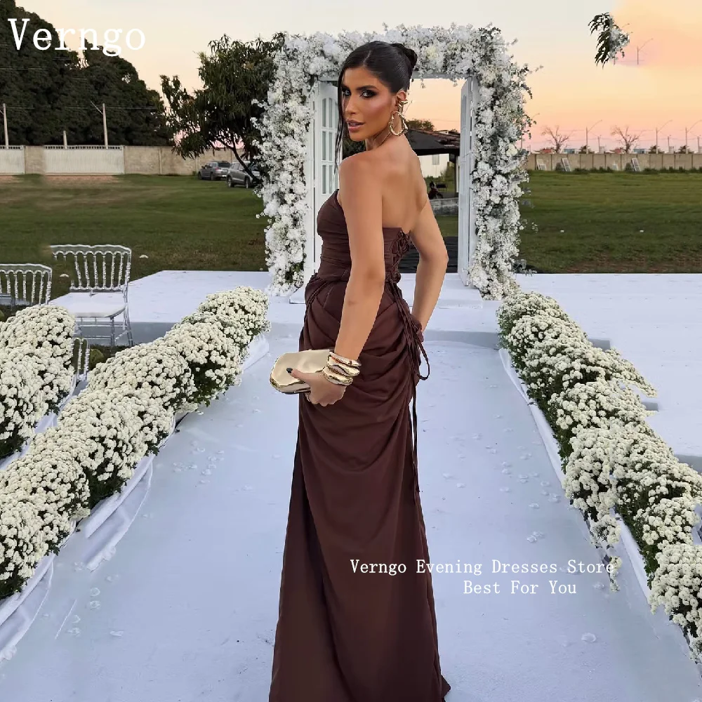 Verngo Flowing Brown Chiffon Evening Dress Strapless Side Slit Sexy  Party Gowns Lace Up  Ethereal Prom Gown Customized