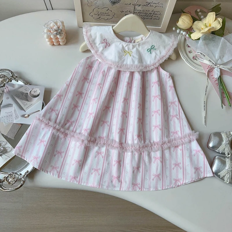 

2026 Summer New Doll Collar Embroidered Bow Pink Striped Cotton Sleeveless Cute Dress for Children