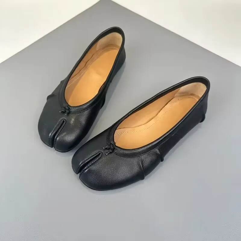 Genuine Leather Split Tabi Toe Ballet Flats Women Chinese Knot Soft Slip On Flat Walking Shoes