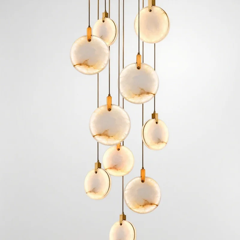 

2025 Simple Model Natural Marble Chandeliers,creative Disc Design Dolomite Lustre,villa Revolving Staircase Decoration,dimmable