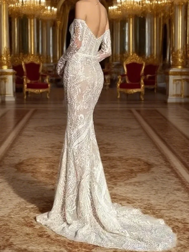 Оболочка длиной до пола с длинными рукавами и аппликацией на молнии с открытой спиной и шлейфом средней длины с открытыми плечами Свадебные платья без бретелек по индивидуальному заказу