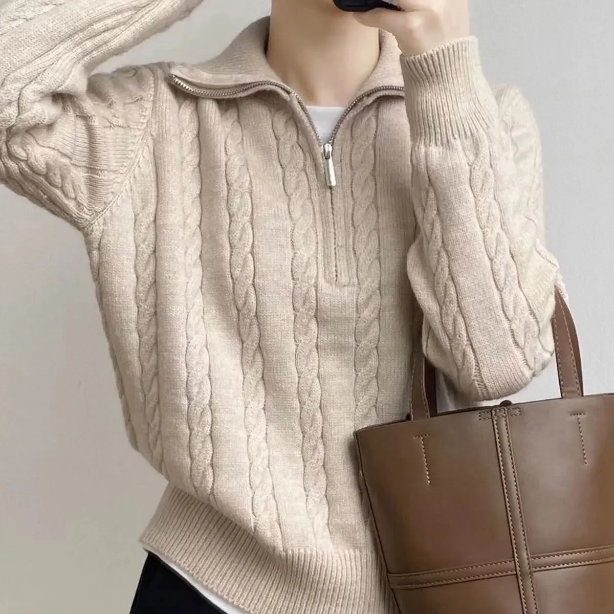 Deeptown Fashion Korea setengah ritsleting sweater wanita Vintage Twisted rajutan Crop Pullover kasual Sueter Mujer atasan lengan panjang