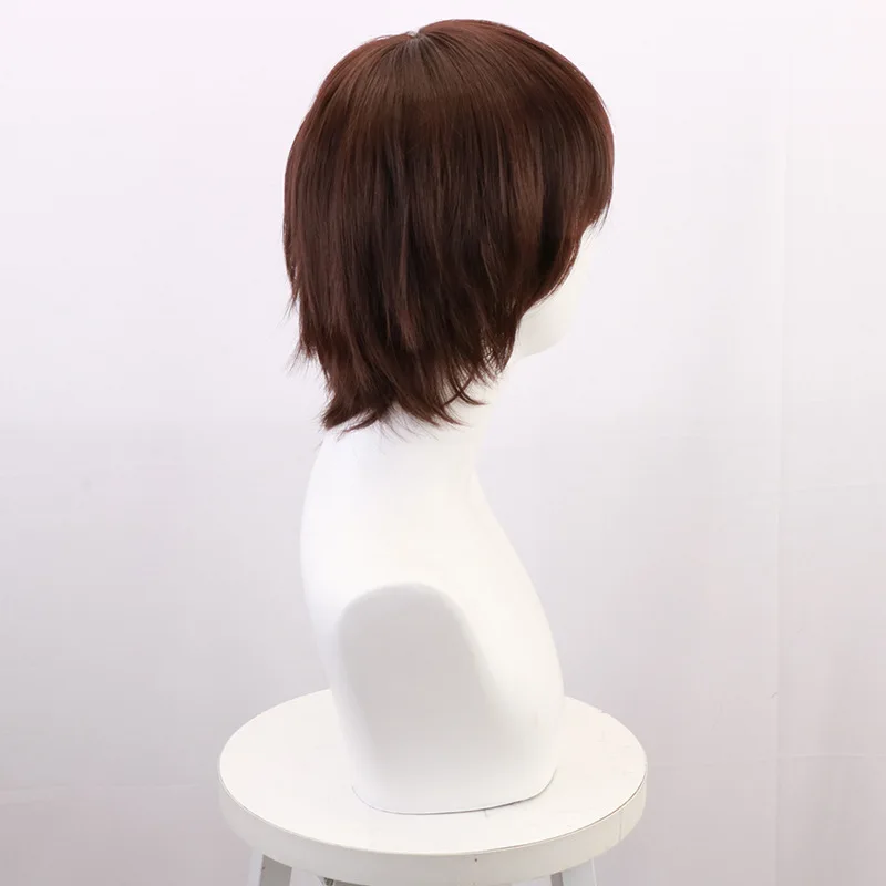 Peluca de cosplay de anime marrón oscuro de Osamu de Dazai para perros Bungo Stray, hecha de seda de alta temperatura, patrón de rosa