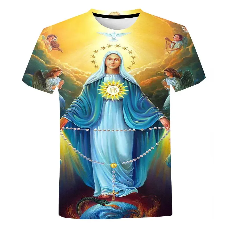 Fashion Faith Style Short Sleeved Blessed Virgin Mary 3D Printing T Shirt Personality Casual Men/Women Streetwear Tops