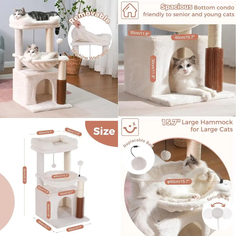 

32 Tall Compact Cat Tree with Scratching Post, Large Hammock, Self-Groomer, Removable Perch & Wide Condo for Indoor Cats - Beige