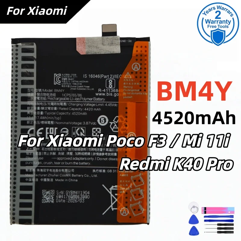 2026 Years 100% new high quality BM4Y Battery For Xiaomi Poco F3 Mi 11i Redmi K40 Pro K40Pro 4520mAh Batteries Bateria+Free tool