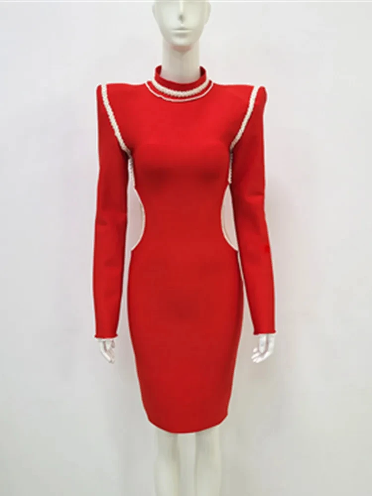 Women's Turtleneck Long Sleeve Red Midi Bodycon Bandage Prom Dress 2024 Winter Sexy Elegant Party Stage Performance Dresses