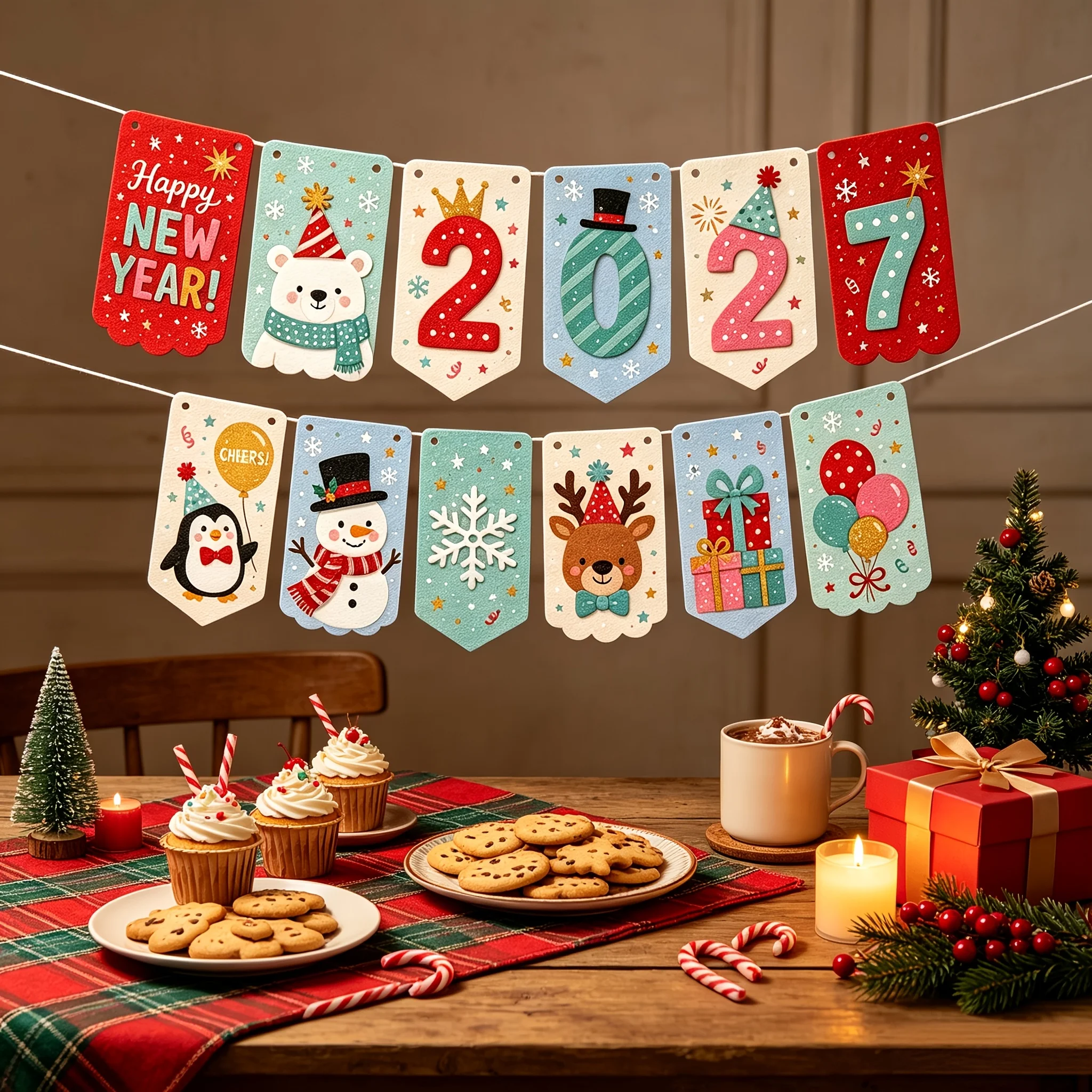 12PCS New Year Themed Felt Banners Vibrant Winter Party Bunting Flags Festive Seasonal String Pennants Joyful Atmosphere Generat