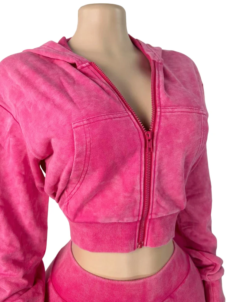 JENYAGE Damen 2-teiliges Outfit, Vintage-Look, gewaschene Kapuzenjacke mit Reißverschluss, hochtaillierte Caprihose mit Rippenstruktur, dehnbarer Trainingsanzug – Detail 9