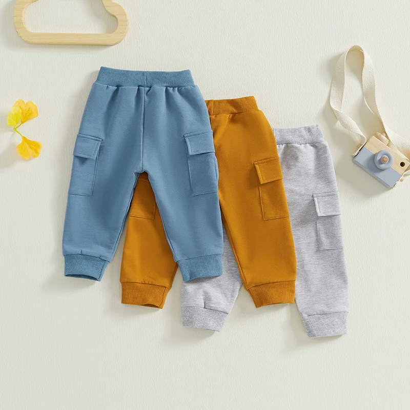 Baby Boy Cargo Pants Solid Color Elastic Waist Trousers with Pockets Causal Streetwear