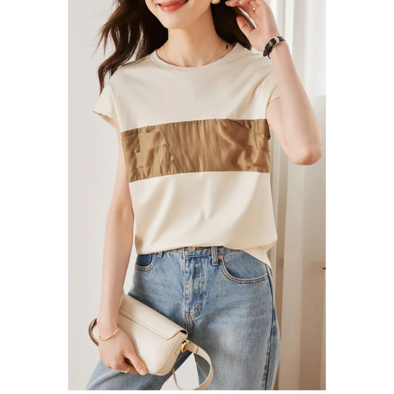 

2024 Summer New White Short Sleeved Round Neck Thin Loose and Slimming Fashion Versatile Color Block Women's T-shirt Tops