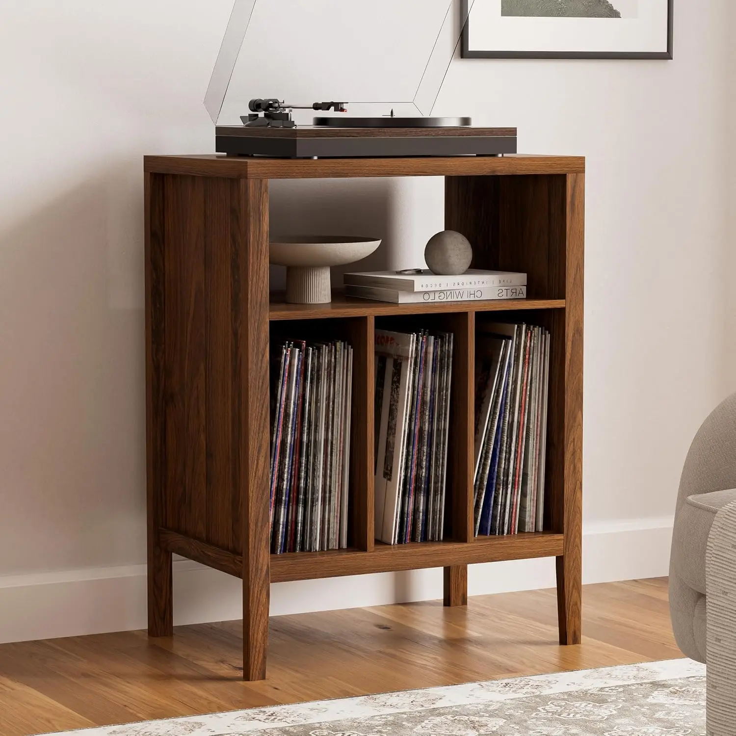 Record Player Stand with Vinyl Storage Shelf, Wood Turntable Table for Living Room & Office, Customized