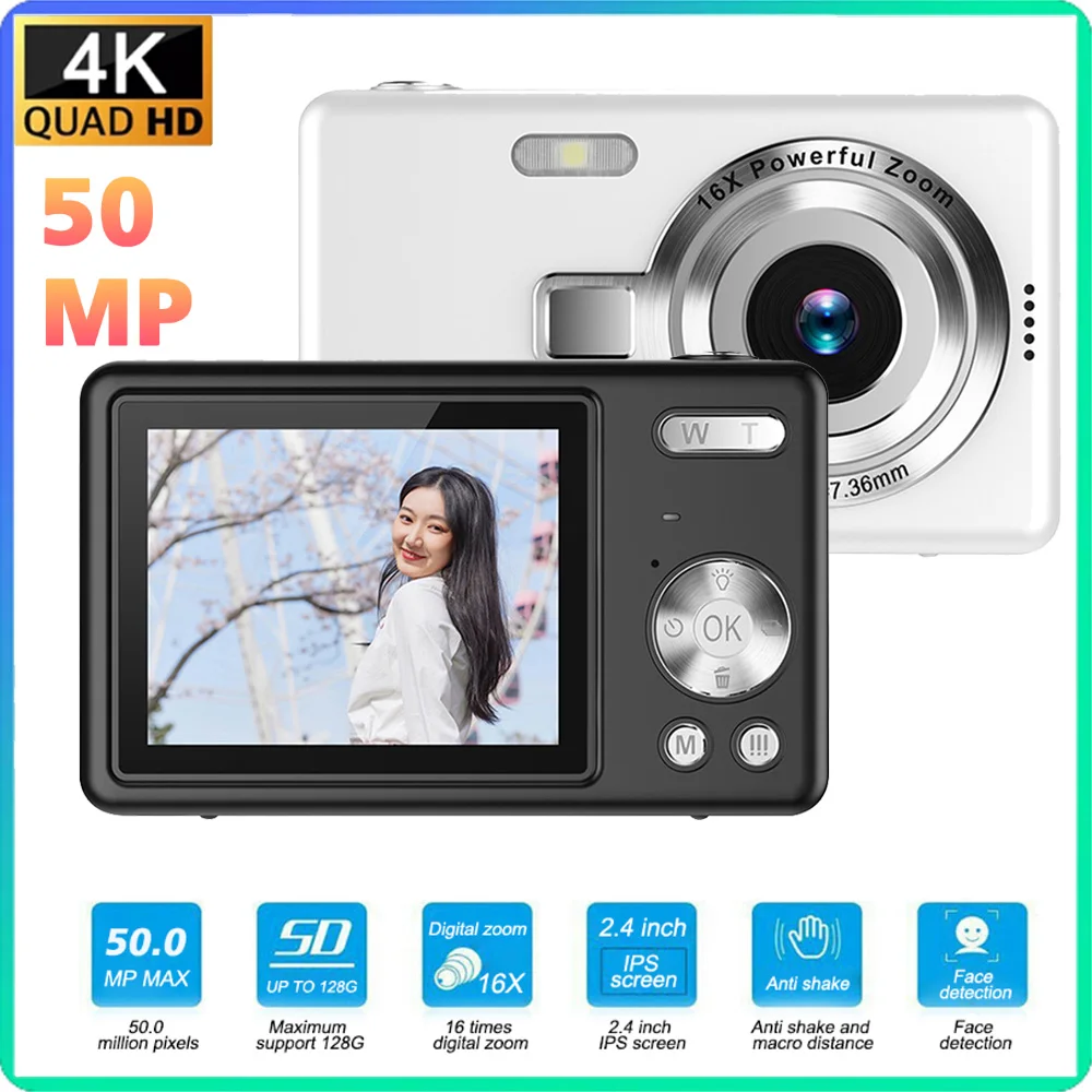 4K HD 1080P Digital Camera 50MP Autofocus Vlogging Camera 16X Zoom Video Photography Camera 2.4 Inch IPS Screen Self Timer Video