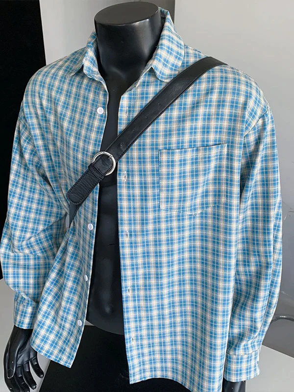

Мужская рубашка свободного кроя с длинными рукавами в сине-белую клетку, винтажная рубашка с воротником, осенняя модная верхняя одежда для пар