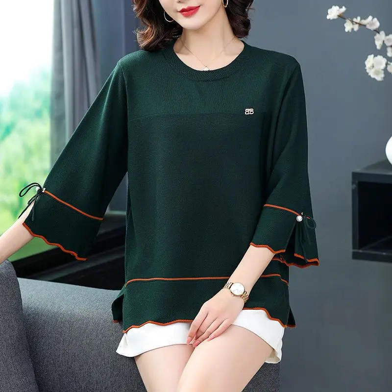 Elegant Chic Hollow Beaded Bow Three Quarter Sleeve Knitwears Women Fashion Simple Casual Loose Solid Pullover Knit Top Clothing