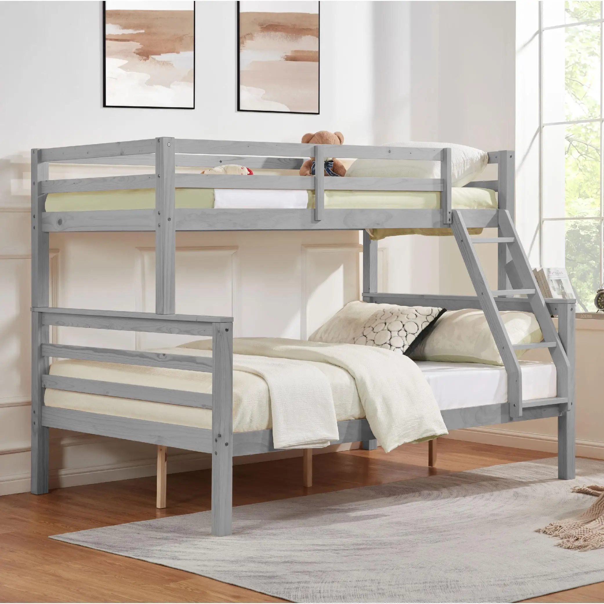 

Twin Over Full Size Bunk Bed with Thick Posts Wooden High Guardrail and Ladder for Kids Teens Dorm No Box Spring Needed Grey