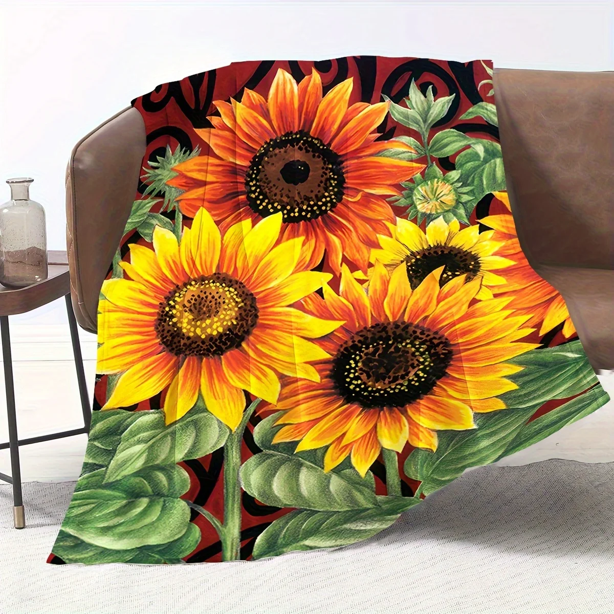 Sunflower Flannel Print Blanket - Vibrant Yellow & Orange Sunflowers with Green Leaves, Soft & Cozy Contemporary Style for Home