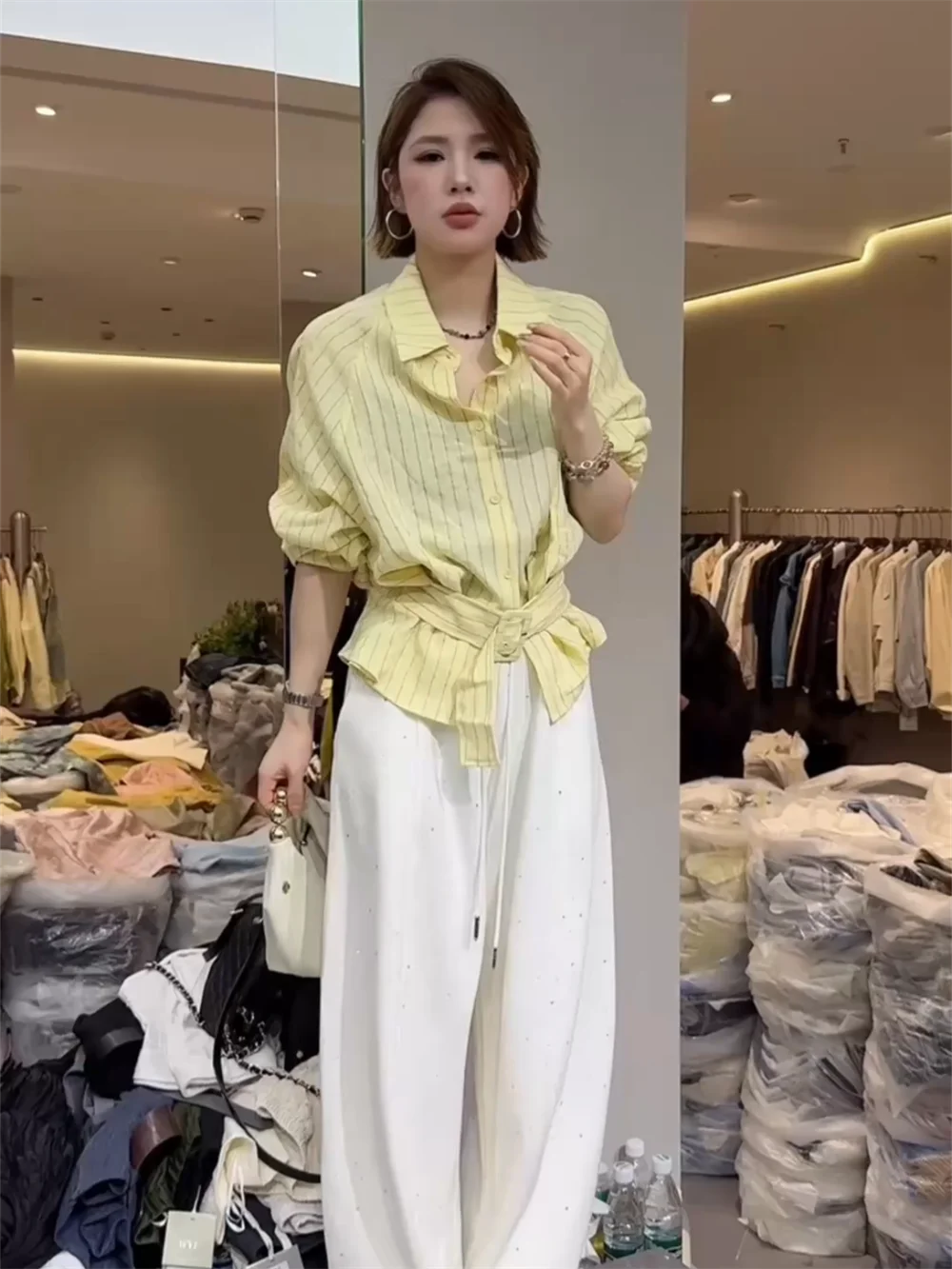 

Ele Yellow Striped Women's irt Spring 2026 Slimming Waist Design Long Sve French Sle Button Detail Print Gown