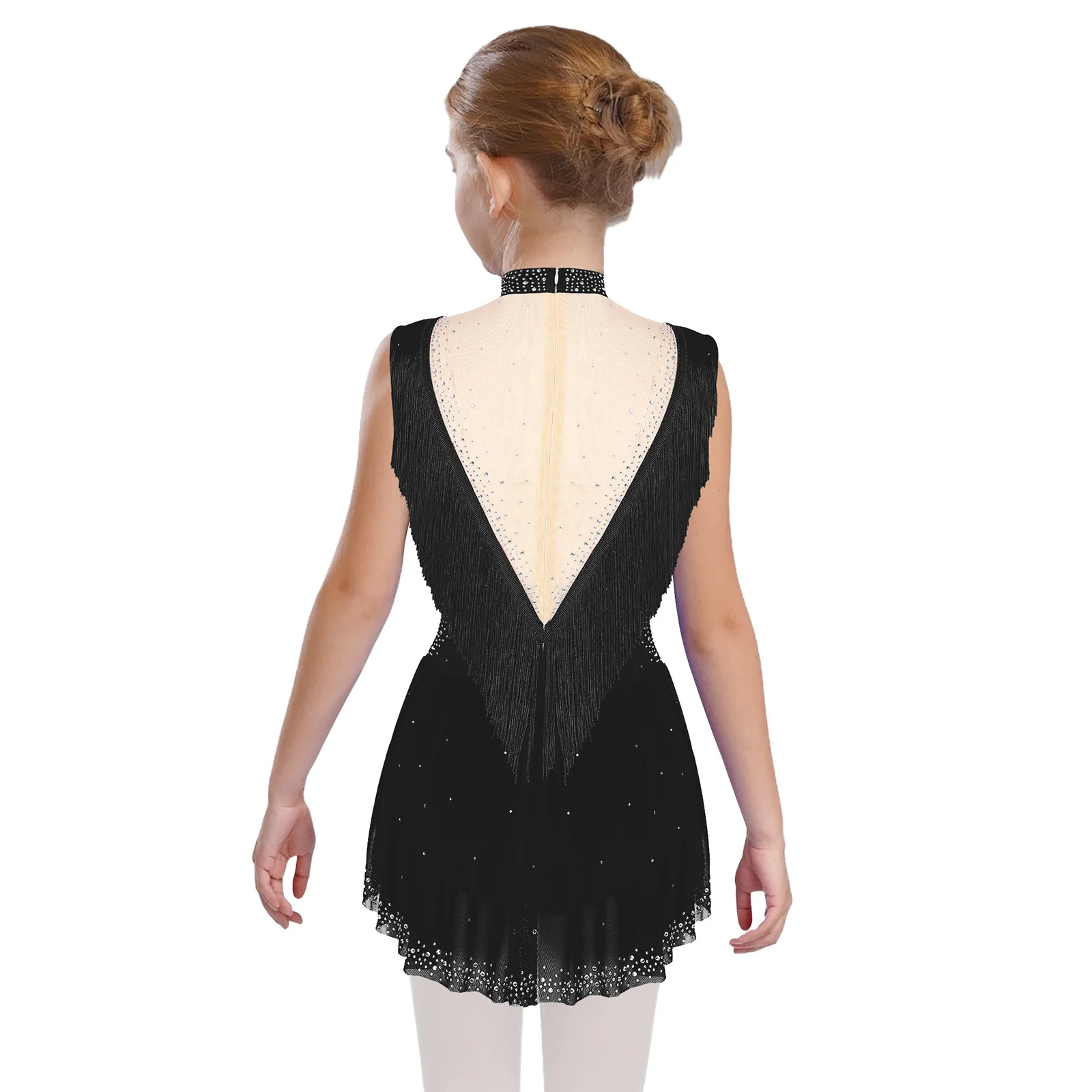 Kids Girls Figure Skating Latin Dance Leotards Ballet Gymnastics Tango Dancewear Shiny Rhinestones Sleeveless Tassel Bodysuit image 2