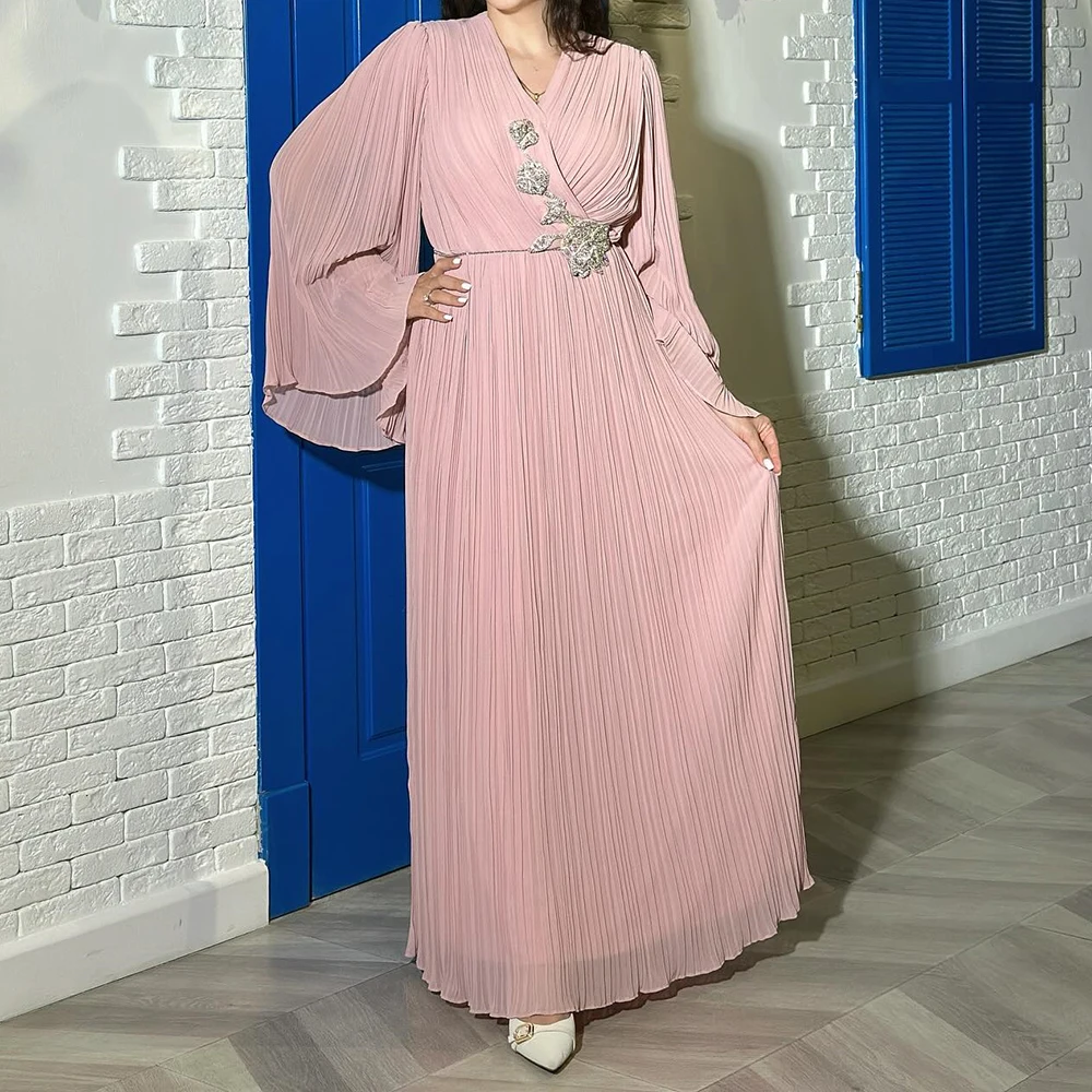 

Вечерние платья трапециевидной формы по индивидуальному заказу, длиной до пола, с v-образным вырезом и длинными рукавами, платье для выпускного вечера, модное платье со складками и кристаллами, простое драпированное вечернее платье