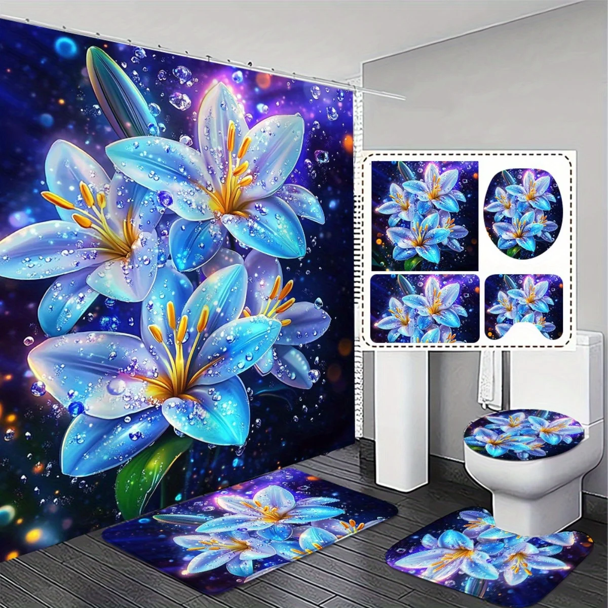 

4pcs Elegant and charming Newest High Quality Shower Curtain with Matching Non-Slip Bath Rugs and Toilet Lid Cover - Blue