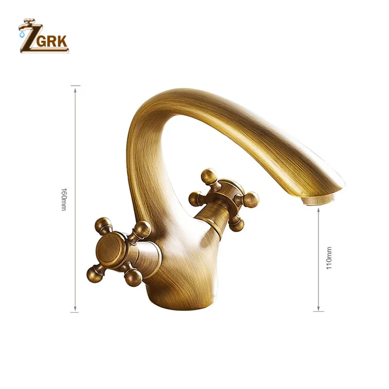 ZGRK Antique Brass Basin Faucet Single Hole Dual Handle Bathroom Faucets Deck Mounted Basin Mixer Tap Bronze Sink Tap